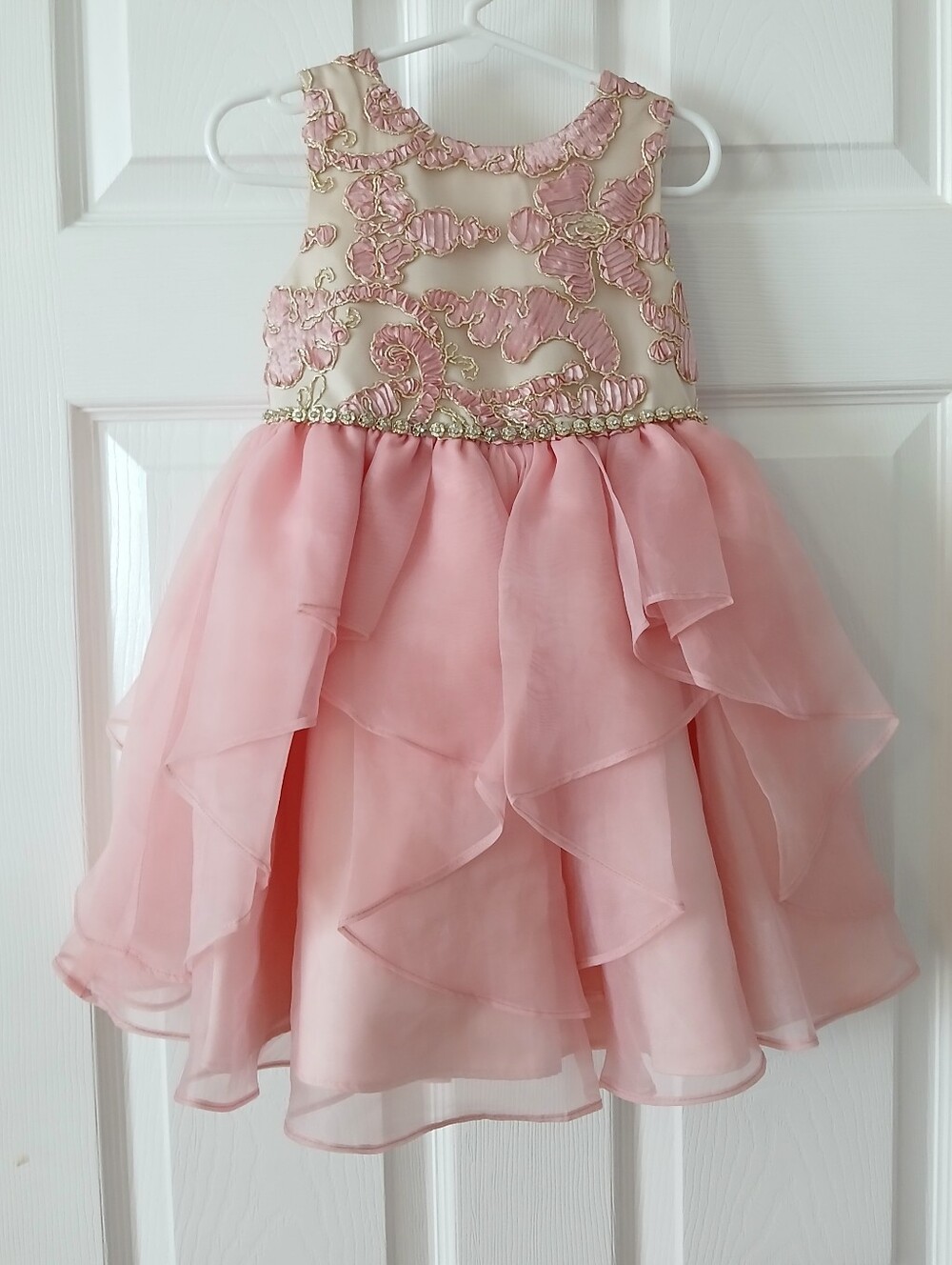 Girls Pink Floral Applique Party Dress with Ruffled Skirt By Rare Edition